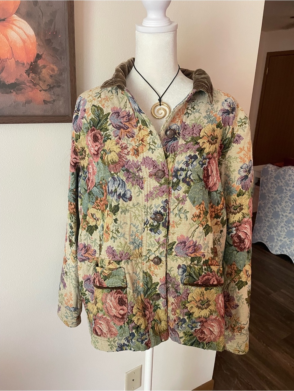 Aratta Silent Journey Floral Tapestry Velvet Trim Barn Jacket Chore Coat